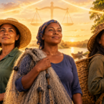 Ilustração de três mulheres trabalhadoras rurais em pé, lado a lado, em uma paisagem ao entardecer: uma segura ferramentas de plantio em um campo verde, outra segura uma rede de pesca à beira de um rio e a terceira carrega um cesto de palha na floresta. Ao redor delas, uma aura de luz dourada em forma de escudo simboliza proteção, e ao fundo do céu há a silhueta de uma balança da justiça. No canto inferior direito, a marca d'água do escritório.
