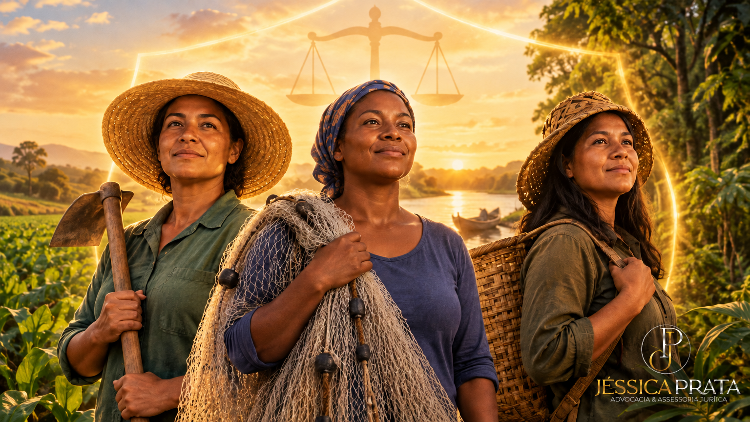 Ilustração de três mulheres trabalhadoras rurais em pé, lado a lado, em uma paisagem ao entardecer: uma segura ferramentas de plantio em um campo verde, outra segura uma rede de pesca à beira de um rio e a terceira carrega um cesto de palha na floresta. Ao redor delas, uma aura de luz dourada em forma de escudo simboliza proteção, e ao fundo do céu há a silhueta de uma balança da justiça. No canto inferior direito, a marca d'água do escritório.